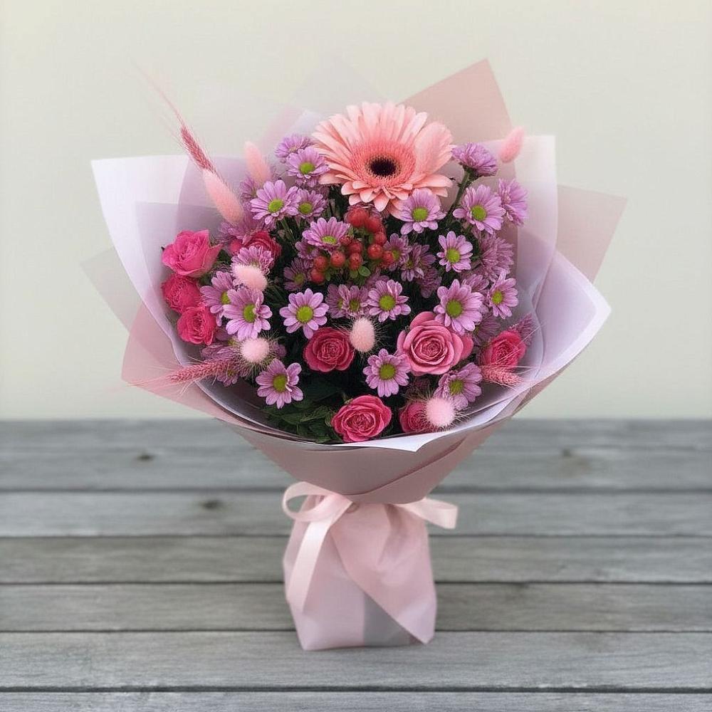 Букет цветов из: Розы, Герберы и Хризантемы в Розовке
