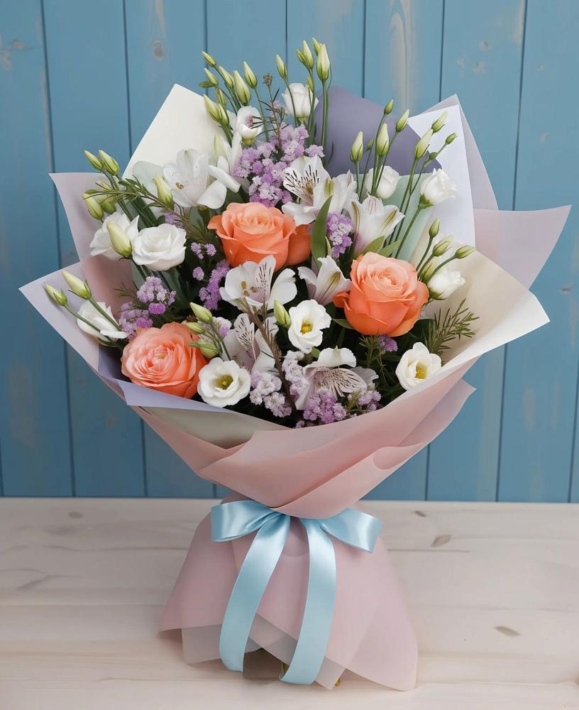 Букет цветов из: Лизиантусы, Розы, Альстромерии и Гипсофила в Розовке